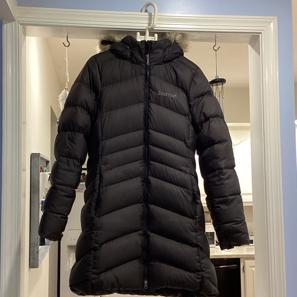 Marmot Women's Black Puffer Coat with Fur Hood